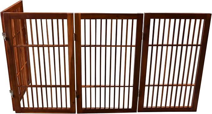 Urnporium Pet Dog Gate Freestanding, Strong Durable Folding Wooden Fence, Portable Acacia Hardwood Safety Barrier for Indoor & Outdoor Use (Brown Pet Gate, 4 Panel 30" Tall)