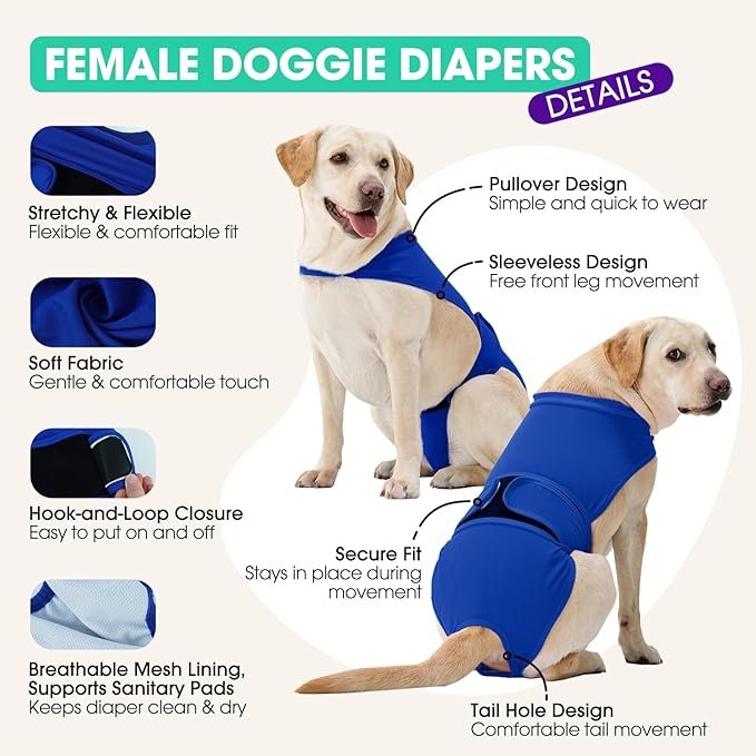 Dog Diapers for Female Dogs, Washable Reusable Female Dog Diapers, Leak Proof Doggie Underwear Sanitary Pants for Heat Cycle, Incontinence and Puppy Training, Adjustable Belly Bands- Blue 3XL