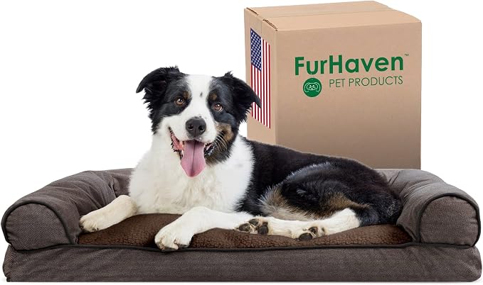 Furhaven Pillow Dog Bed for Large/Medium Dogs w/ Removable Bolsters & Washable Cover - Sherpa & Chenille Sofa - Coffee, Large