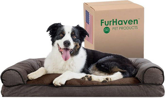 Furhaven Pillow Dog Bed for Large/Medium Dogs w/ Removable Bolsters & Washable Cover - Sherpa & Chenille Sofa - Coffee, Large