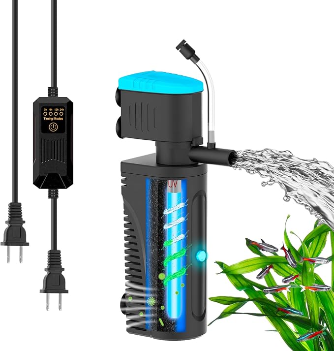 Aquarium Filter with U - V Clarifier for Green Water Cleaning | Fish Tank Filter to Remove Al-gae | Green Killing Machine | Aeration/Rainfall Mode | with Timer | Turtle Tank Filter (10-30Gal)
