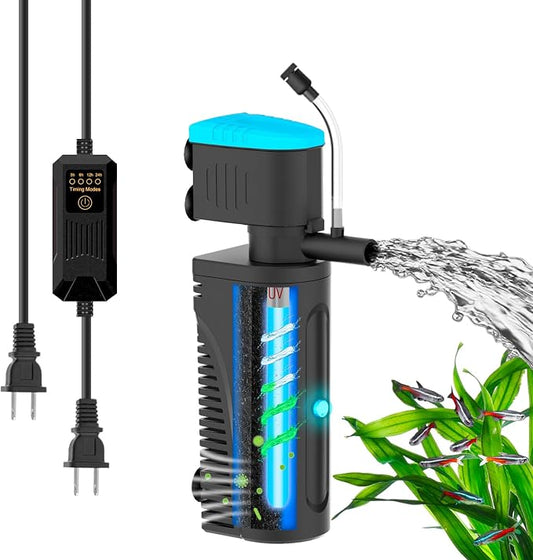Aquarium Filter with U - V Clarifier for Green Water Cleaning | Fish Tank Filter to Remove Al-gae | Green Killing Machine | Aeration/Rainfall Mode | with Timer | Turtle Tank Filter (10-30Gal)