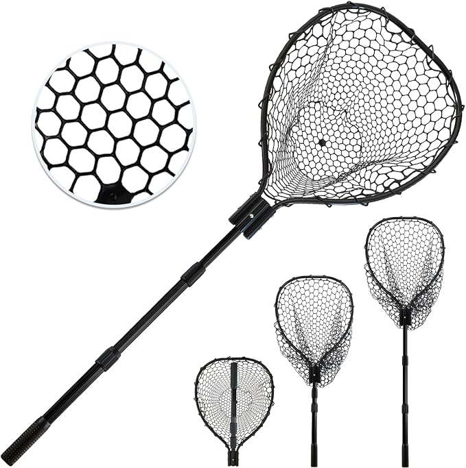 Telescoping Rubber Fishing Net with Handle 64"/46“ Long Silicone Large Fish Landing Net Kayak/Fishpond/Saltwater Extendable Fishing Gear Accessories