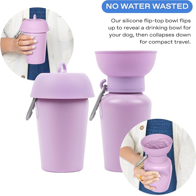Springer Flip Portable Dog Water Bottle with Foldable Food Grade Silicone Bowl - 20 Ounce Travel Dog Water Bottle Ideal for Camping - Easy Squeeze Hydration & Release to Drain Lilac