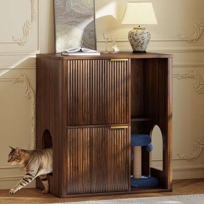 Rovibek Double Cat Litter Box Enclosure Furniture, Fluted Hidden Litter Box Enclosure for 2 Cats with Double Room, Mid Century Dual Cat Litter Cabinet with Scratching Post, Dangling Ball, Walnut