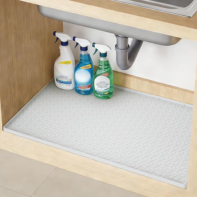 TRZZ Silicone Waterproof Under Sink Mat 34" x 19", Drip Tray and Cabinet Liner for Kitchen and Bathroom, Prevents Water Damage and Organizes Cabinets (Light Grey)