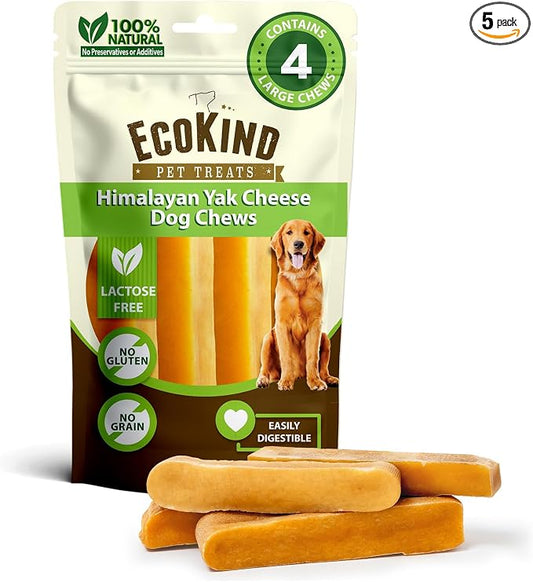 EcoKind Yak Cheese Himalayan Dog Chews, Yak Chews for Large Dogs, Long Lasting Bone for Aggressive Chewers, 3 Ingredients, Natural High Protein Treats, No Additives, Lactose Free, Large 1lb, 4-5 Chews