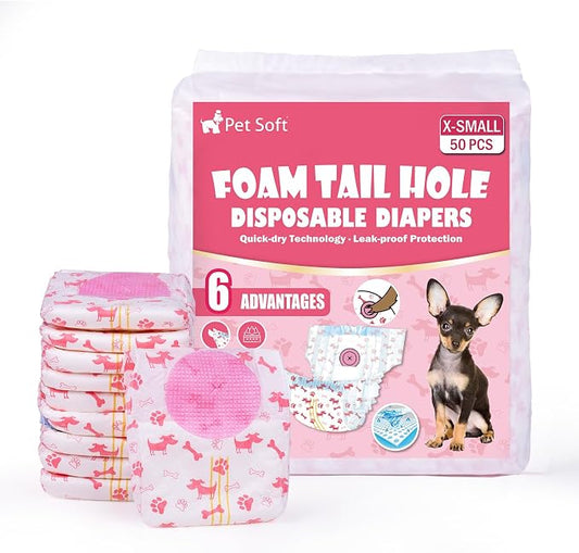 Pet Soft Disposable Dog Diapers - Female Dog Diapers with Adjustable Foam Tail Hole, Ultra Protection Puppy & Cat Diapers Wetness Indicator for Dogs in Heat or Incontinence,50pcs (XS,Red)