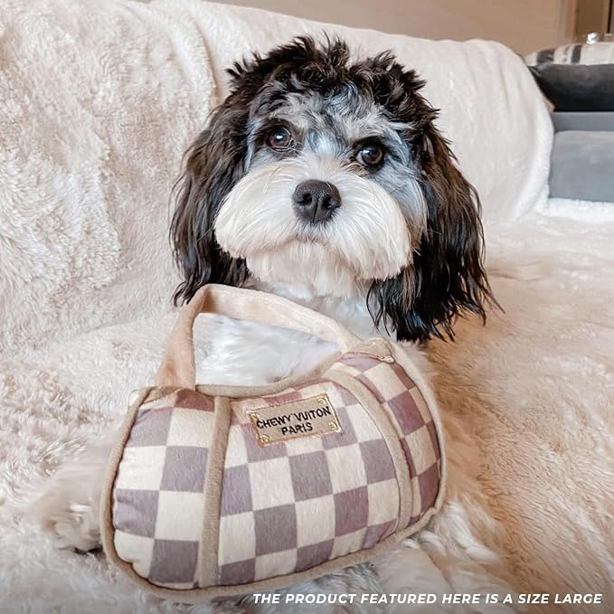 Haute Diggity Dog Chewy Vuiton Bone & Handbag Plush Squeaky Dog Toys, Soft Durable Designer-Inspired Stuffed Puppy Chew Toys for Medium & Large Dogs, Machine-Washable (Tan Checker) Large 2 Pcs