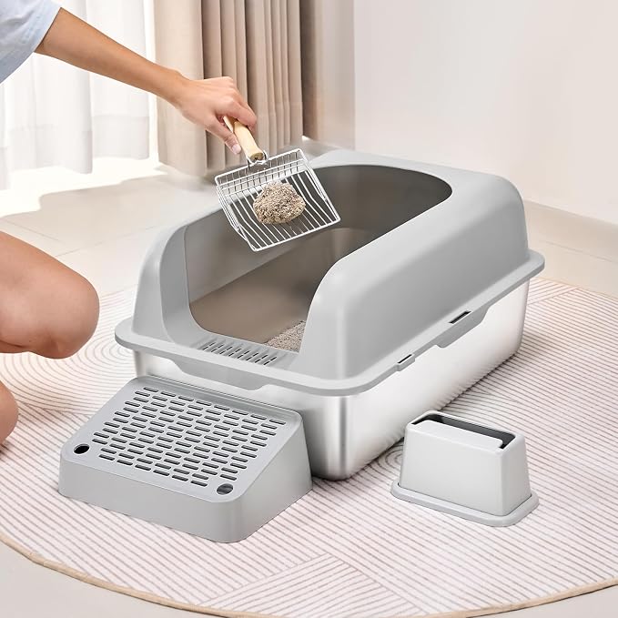 VEVOR Stainless Steel Cat Litter with Lid, XL Extra Large Enclosed Cat Litter Box for Big Cats, High Sides Metal Litter Box, Anti Leakage,Odor-Free & Easy Cleaning,Include Scoop & Foot Board