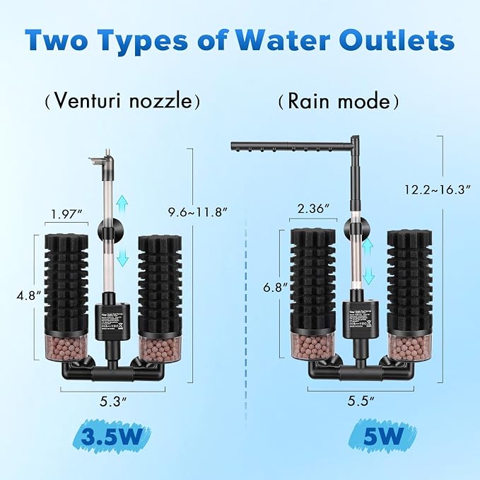hygger Electric Aquarium Sponge Filter, 5W Quiet Fish Tank Filter Pump with 2 Spare Sponge & Bio Media Balls, Adjustable Outlet Venturi & Rain Mode(L for 29-55 Gal Fish Tank)