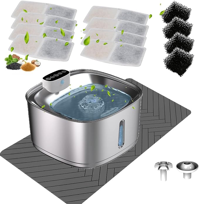 Stainless Steel Cat Water Fountain 3.2L/108oz Kitty Cat Water Fountain Cordless Battery Operated Pet Water Fountain Bundle