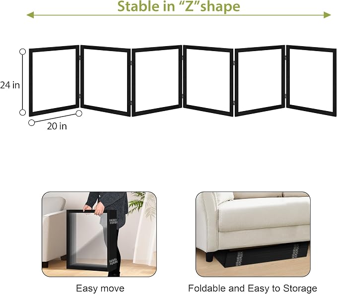 LZRS Extra-Wide Clear Dog Gate for Indoor Use - Transparent Pet Fence with Solid Hardwood and Plastic Board, Stylish & Durable freestanding Pet Gate for Doorways, Stairs and Hallways-6 Panel Black