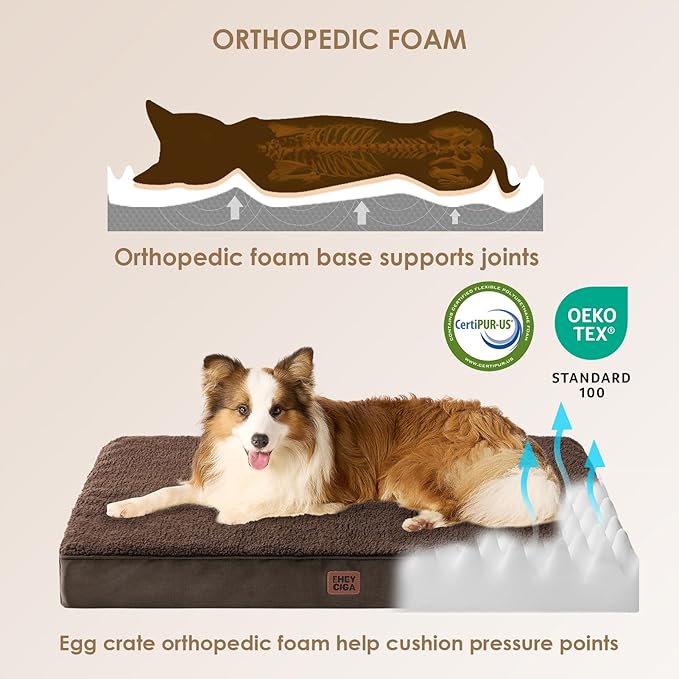 EHEYCIGA Orthopedic Foam Dog Bed for Large Dogs, 35"L x 23"W x 3.5"Th, Brown