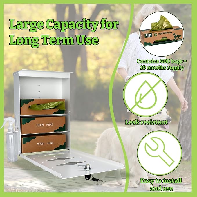 Metal Dog Poop Bag Dispenser Wall Mount, Outdoor Dog Bag Dispenser - 600 Roll Bags Included - Pet Waste Station -Pet Waste Bag Dispenser with Pick Up After Your Dog Sign (Glow in the Dark)