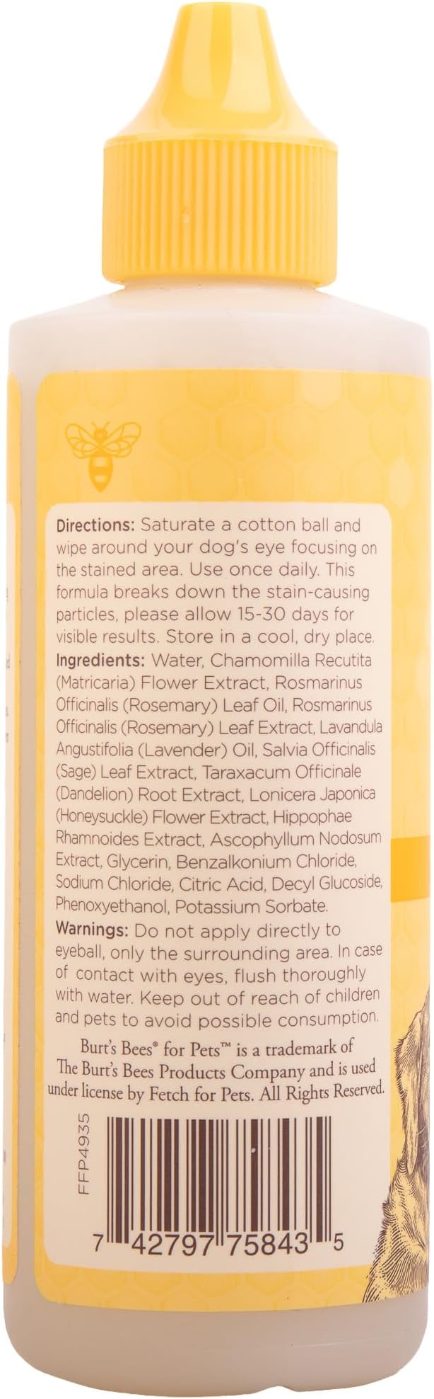 Burt's Bees for Pets Tear Stain Remover for Dogs with Chamomile, 99.9% Natural Origin Formula, Gently Cleanses Eye Area and Removes Debris, Safe for Dogs and Puppies, Cruelty-Free, 4 Fl Oz