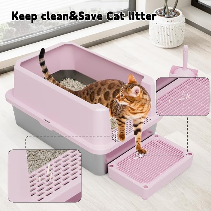 RIZZARI Pink Large Heavy-Duty 304 Stainless Steel Cat Litter Box - Open Pan with High Sides & Leak-Proof, Odor-Resistant & Easy Clean, Non-Stick Coating, for Big Cats in Apartments & Bathrooms