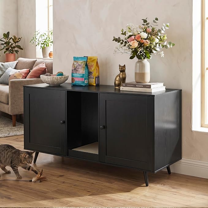 Tangkula Double Cat Litter Box Enclosure, Large Hidden Wooden Cat Cabinet for 2 Cats with Scratching Pad, Double Rooms, Versatile TV Stand Side Table for Indoor Living Room
