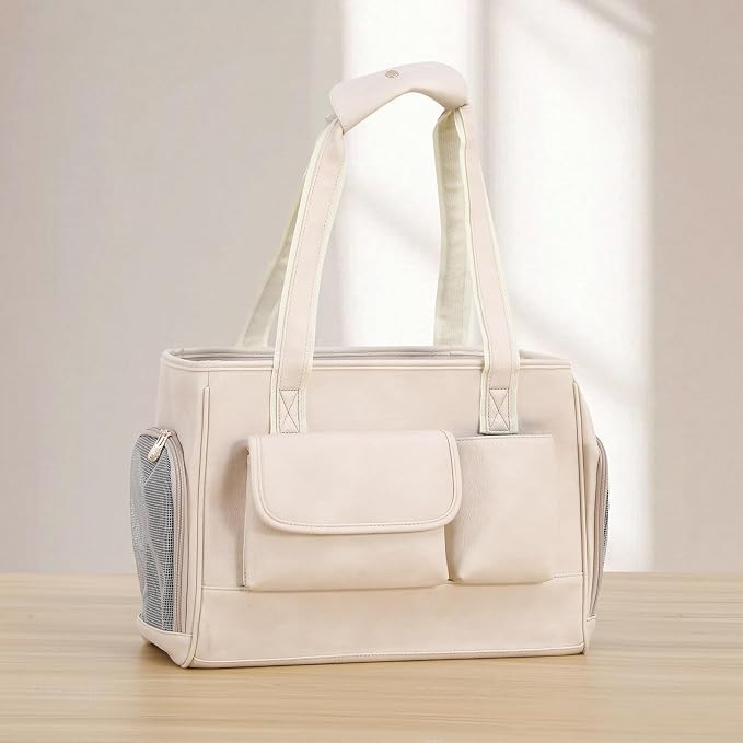 Dog Carrier Purse, Fashion Leather Pet Carrier Bag, Airline Approved Soft Sided Cat Travel Tote Bag with Pockets White