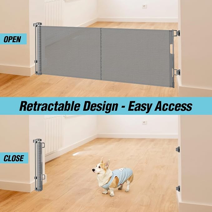 24 Inches Tall Retractable Baby gate for Dogs, Short Pet Gates to Step Over, Extends up to 55" Wide, Reinforced Mesh Doggie Gates for Indoors Outdoors Small Dog Gate for Stairs Puppy Gate (Grey)