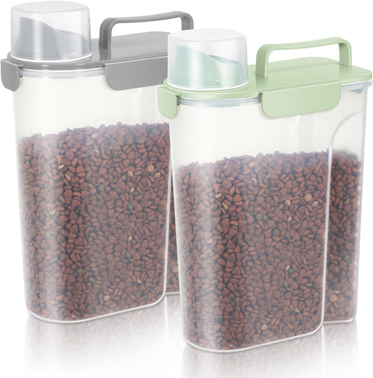 5-7Lbs Dog Cat Food Storage Container with Upgraded Large Nozzle BPA-free, 4 Snap Seals Plastic Pet Food Storage Containers with Handles (2, Light Green+Light Gray, 5L)