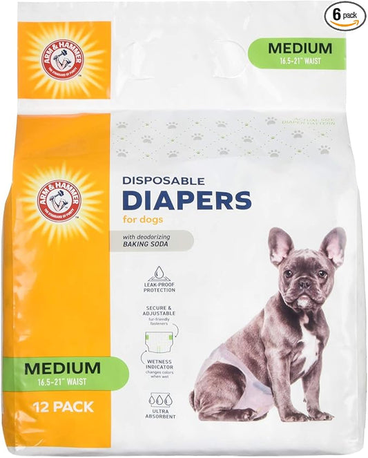 Arm & Hammer for Pets Disposable Female Dog Diapers with Odor Control and Wetness Indicator, Leak Resistant Dog Diapers for Incontinence and Heat Cycles, Size Medium 16.5–21 in Waist, 12 Count - 6 Pk