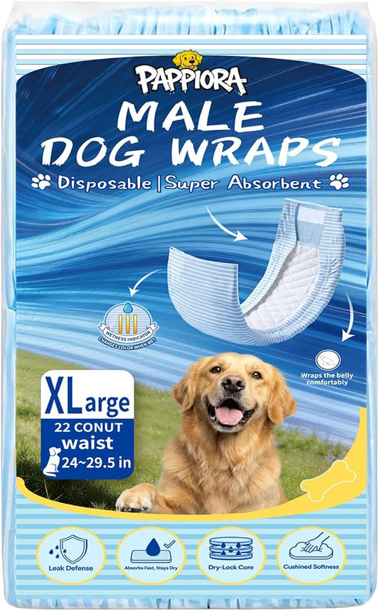 Male Dog Diapers Disposable Waist 24–29.5”, 22 Count, Soft Dry-Touch Inner Layer, Super Absorbent, Leakproof, Wetness Indicator, Adjustable Tabs, XL