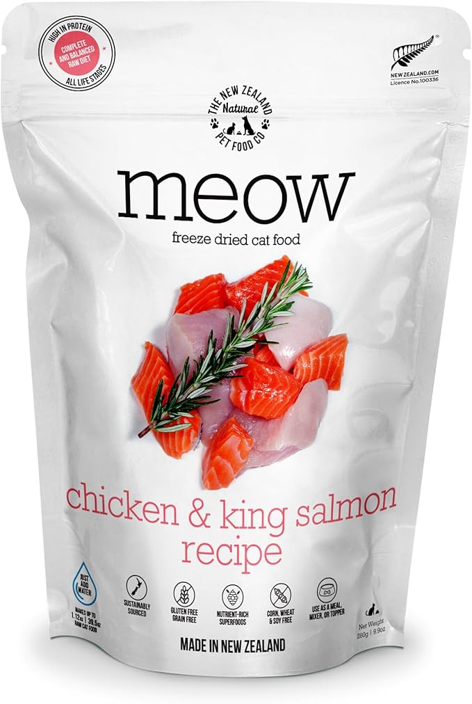 The New Zealand Natural Pet Food Co. Meow Freeze Dried Cat Food - Chicken & King Salmon Recipe, High Protein Treats & Toppers, Dry Cat Food,9.9oz