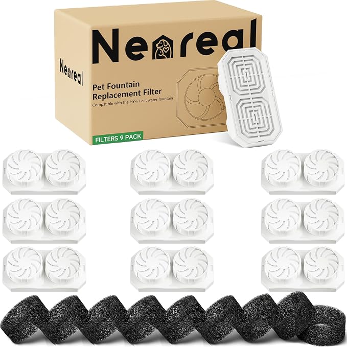 Neareal Official 9-Pack Replacement Filters and Pre-Filter Sponges for 108 oz / 3.2 L Stainless Steel Cat Water Fountain