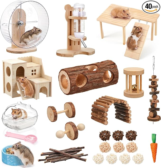 40 Pcs Hamster Cage Accessories, 9.5'' Exercise Wheel, Wood Platform Hideout House, Water Bottle, Sand Bath, Bowl, Chew Toy for Syrian Hamsters Mice Gerbils Habitat Decor (Natural Style)