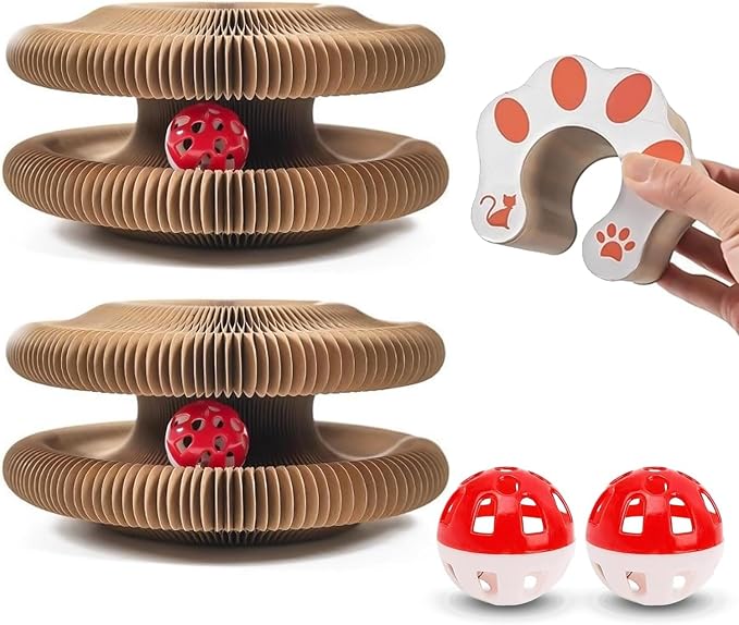 2 PCS Cat Scratcher, Foldable Magic Organ Cat Toy Scratching Board with Bell Balls, Reversible Corrugated Cardboard