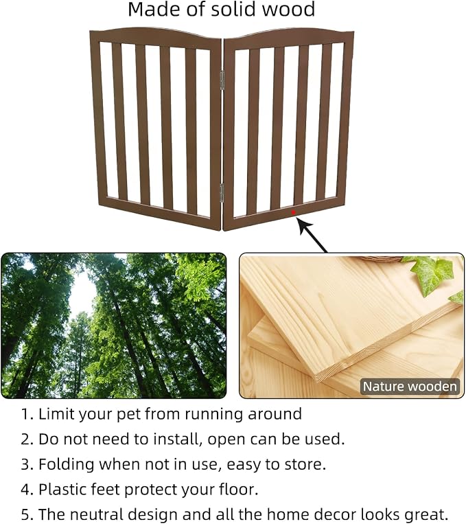 Freestanding Dog Gate Indoor,Doggie Gate Foldable Pet Gates for Doorways,Stairs or Hallways, Wooden Brown Pet Gate for the House, Pet Fence,24 "Height-2 Panels