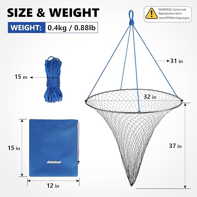 QualyQualy Large Bridge and Pier Fishing Net 32''/39'' Hoop, Foldable Drop Net Pier Fishing for Saltwater with Rope, Landing Net with Nylon Mesh, Collapsible Soft Steel Ring