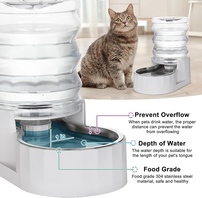 RIZZARI 4L Stainless Steel Gravity Water Dispenser for Cats and Small Dogs, No Filter Automatic Pet Water Bowl, Low Maintenance Indoor Hydration Station for Apartments and Busy Pet Owners