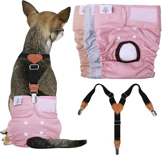 CuteBone Dog Diapers Female 3 Pack Reusable Doggy Diapers with One Suspender for Small Medium Large Dog Period BDD04M