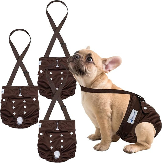 Pet Soft Dog Diapers Female with Suspenders, 3 Pack Reusable Female Dog Diapers for Heat, Dog Period Panties for Doggie in Cycle(X-Small, Bear Brown)