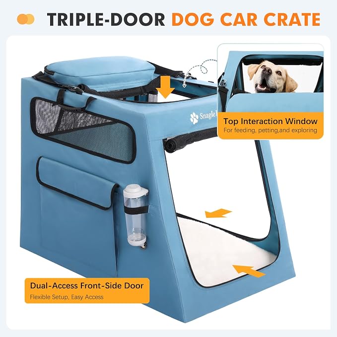 Snagle Paw Portable Dog Crate for Car Travel, Collapsible Large Dog Travel Crate with Metal Frame & 3-Door Mesh Windows, Secures in Trunk/Backseat, Soft-Sided Kennel Carrier for Medium Large Dogs-L