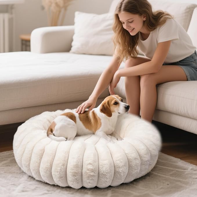 Donut Dog and Cat Bed, Luxurious Comfortable Faux Rabbit Fur Pet Beds, Round Anti-Anxiety Calming Puppy Kitten Bed with Anti-Slip Bottom for Small Medium Dogs & Cats(20", White)
