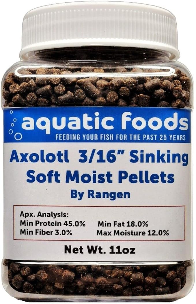 Axolotl Food, 3/16" Soft Moist Sinking Pellets, Rangen's Salmon Meal Pellets for Medium & Adult Axolotl. Also Shrimp, Snails, Crabs, All Tropical Fish...11oz Small Jar