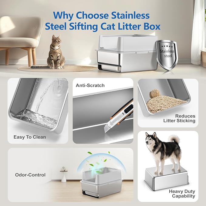 23.6x16x14'' Sifting Litter Box with Drawers, Stainless Steel Drawer Litter Box with 6'' Lid & Metal Scoop, XL Cat Litter Tray, Odor-Control & Saves Clean Time, Fits Most Cats