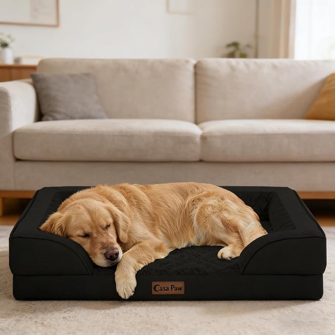Orthopedic Dog Beds for Extra Large Sized Dogs 53x42 Inch, XXL Waterproof Egg Crate Foam Dog Sofa Bed with Removable Washable Cover Big Pet Couch with Bolster & Non-Slip Bottom, Black