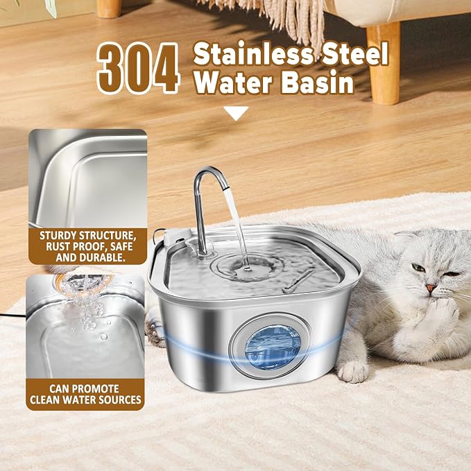 Cat Water Fountain.Stainless Steel Pet Water Dispenser Bowl: 108oz/3.2L.Quiet Pet Water Bowl Dispenser.with Ultra Quiet Pump and Faucet Water Level Window（with 4 Filters and Sponge）