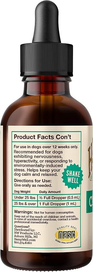 Hemp Well Calm Dog Oil, Calming Support for Dogs with Chamomile, Melatonin & Lemon Balm, Organic Hemp Seed Oil, Stress Support for Travel, Thunderstorms & Separation, 2 oz