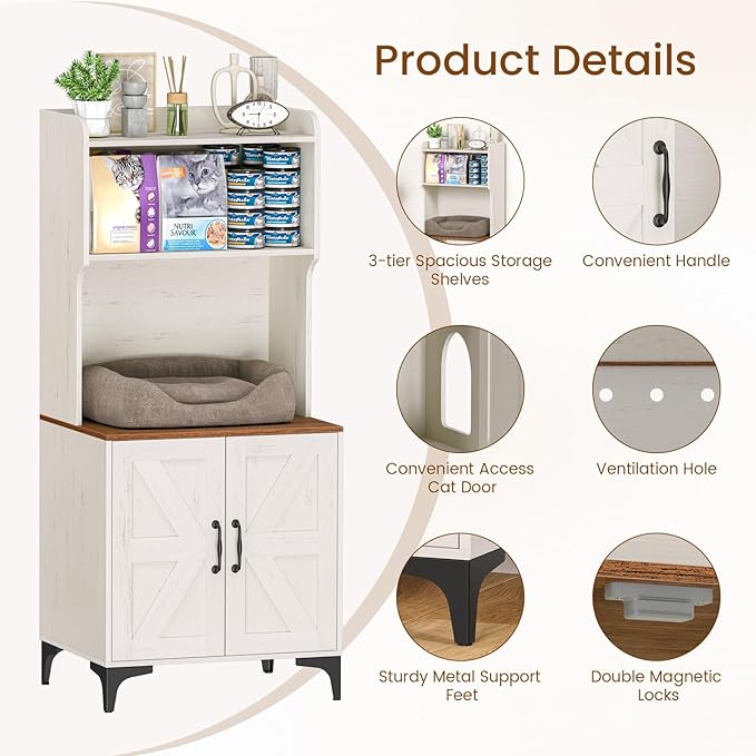 Snughome Cat Litter Box Enclosure with Storage Shelves, 2-in-1 Modern Cat Litter Box Enclosure Furniture Hidden, Wooden Cat Washroom Cat House with Metal Legs, Fit Most of Litter Box, White