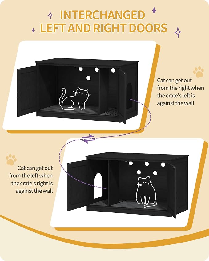 Hzuaneri Cat Litter Box Enclosure with Cushion, Hidden Litter Box Furniture with Removable Dividers, Reversible Entrance Left or Right Side, Cat House, Black CB84704X