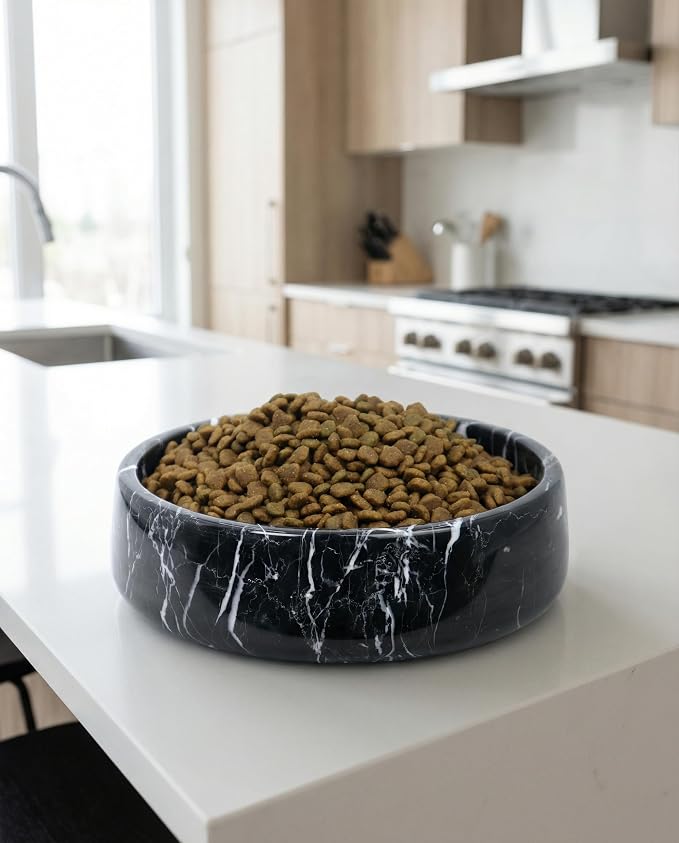 OOBOOB Natural Marble Dog Bowl, 7.4x7.4x2.5 Inch Heavy Non-Slip Pet Food & Water Bowl for Large Medium Small Dogs and Cats, Stylish Modern Marble Design for Feeding Station & Home Decor