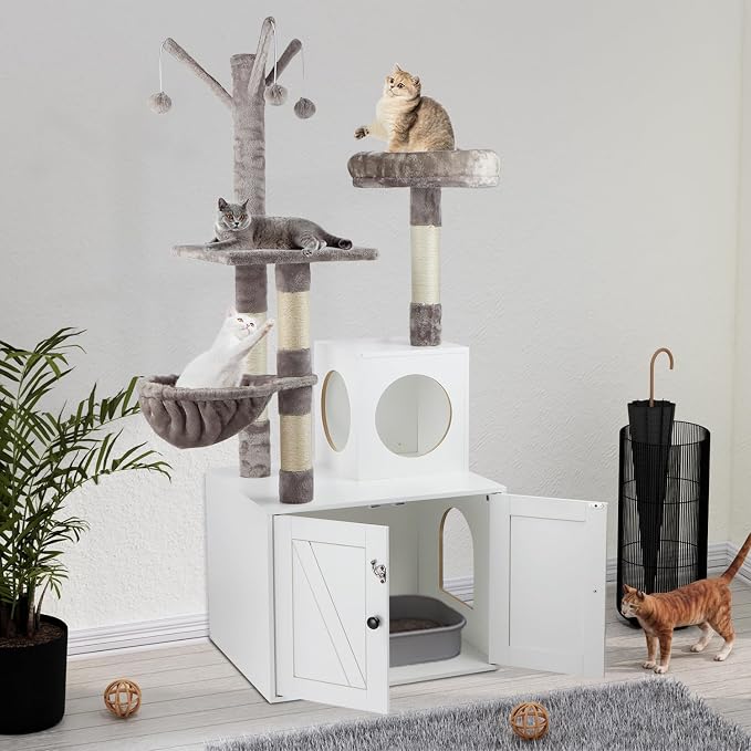 Timberer Litter Box Enclosure with Cat Tree, 2-in-1 Hidden Litter Box Furniture with Scratching Post, Modern Cat Condo, White