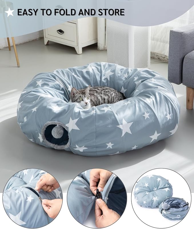 JanYoo Large Cat Tunnel Bed for Indoor Cats, Cat Cave Bed Donut Tunnel with Ball, Foldable Interactive Pet Cave Toys Tube for Indoor Cats Kitten Puppy Bunny, Grey