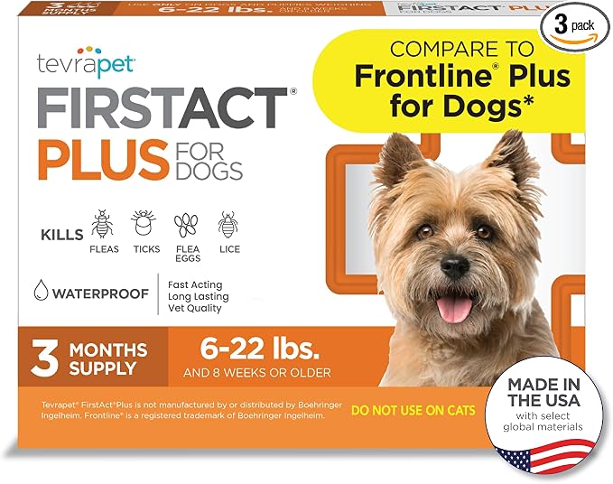 FirstAct Plus Flea Treatment for Dogs, Small Dogs 6-22 lbs, 3 Doses, Same Active Ingredients as Frontline Plus Flea and Tick Prevention for Dogs