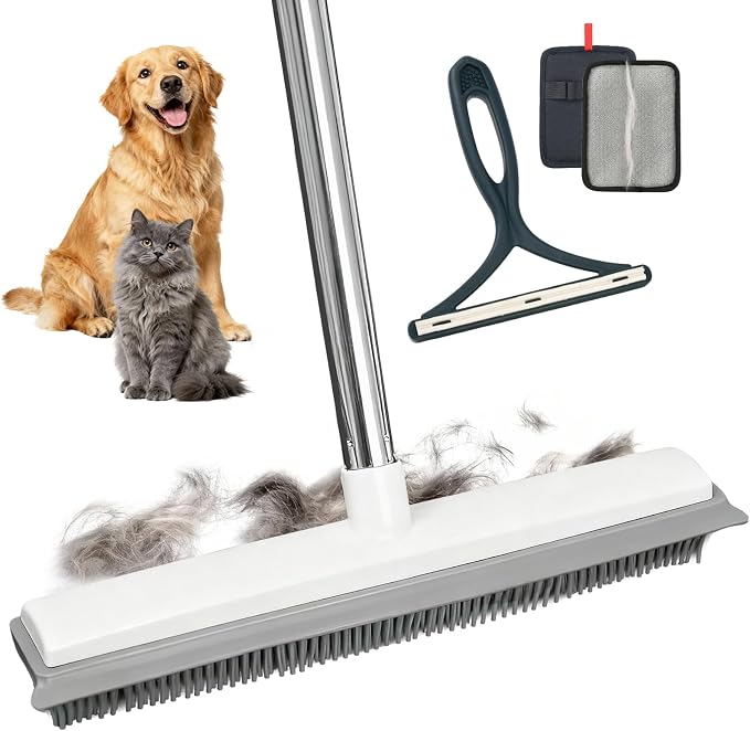 Carpet Rake for Pet Hair Removal, Adjustable Rubber Broom with Squeegee, 4-Piece Pet Hair Remover Kit with Gloves & Scraper for Dog & Cat Hair, Rugs, Couch, Car Seats